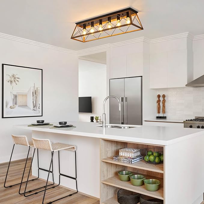 38” Farmhouse Large Flush Mount Ceiling Light Fixture with Walnut Finish | 6-Light Vintage Industrial Flush Mount Chandelier with Cage Design for Dining Room Kitchen Island Living Room Hallway