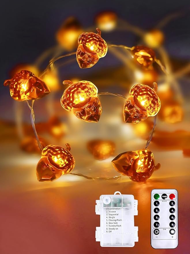 EXF Fall Decor Acorn Fairy Lights Battery Operated with Remote 10FT 30 LED | 8 Modes & Timer, IP44 Waterproof Halloween Twinkle String Lights for Indoor Outdoor Autumn Harvest Thanksgiving Day Decor