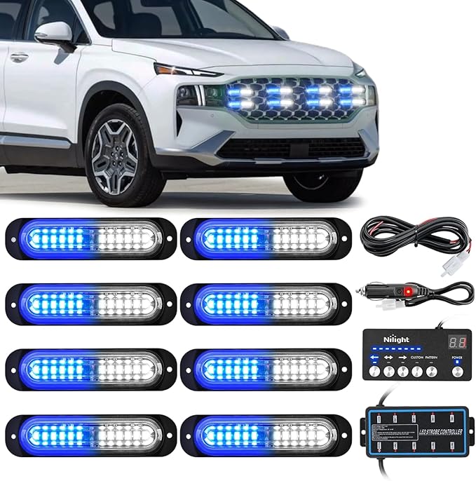 Nilight 8PCS Led Strobe Lights with Controller 12V 24V Sync Feature Blue White Strobe Light 12 LED Surface Mount Emergency Hazard Warning Lights with Strobe Controller for Vehicle Car Truck RV ATV