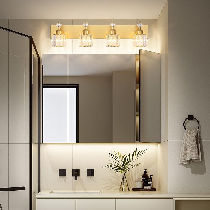 PRESDE Crystal 4 Bathroom Vanity Light Modern Gold Vanity Light Fixture Wall Lamp for Over Mirror Bedroom Hallway