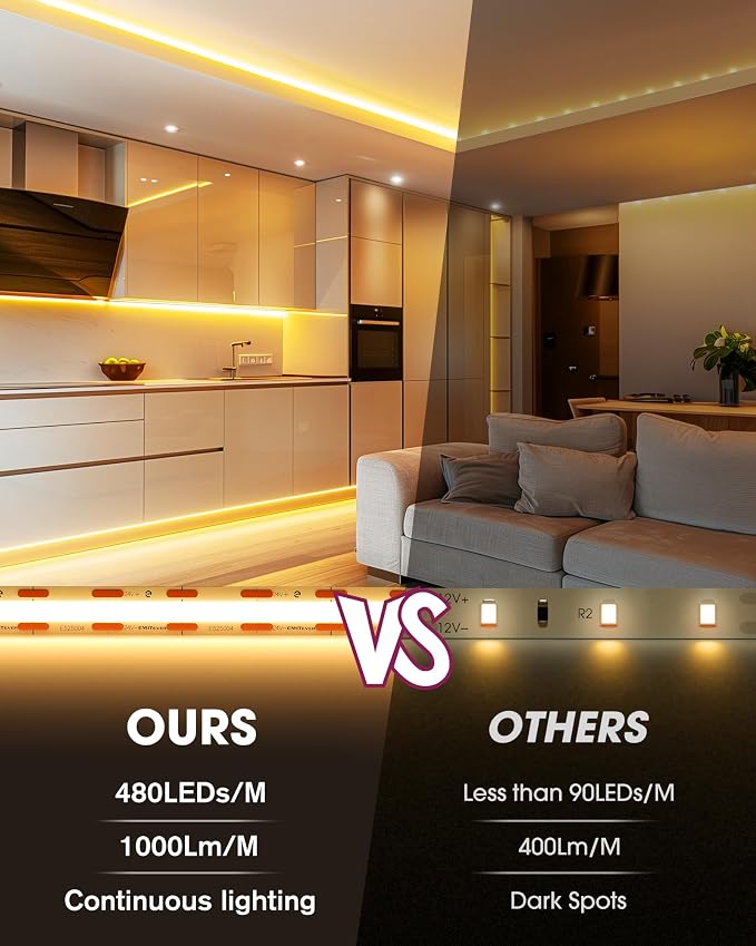 EMITEVER Warm White COB Strip Light Kit 2700K,16.4ft 2400LEDs,24V Dimmable | CRI 90+,305+LM/ft,ETL 48W power supply & remote included,UL listed Strip for living room,kitchen,under cabinet & shelving