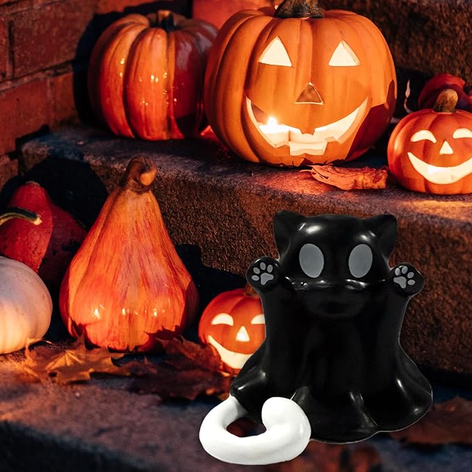 Halloween Ghost Cat Statue Middle Finger Gestures Designs Halloween Party Spooky Decor Cute Black Tabletop Ornament Resin Ghost Figurine Sculpture for Holiday Funny Gifts