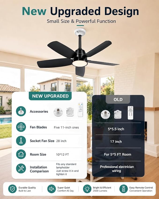 Ceiling Fan with Light, 28'' Flush Mount Low Profile Fan for Bedroom &Patio | Quiet Reversible DC Motor, 6-Speed, 3-Color Temp Dimmable LED Light with Remote & Timer, Indoor Small Ceiling Fan Black