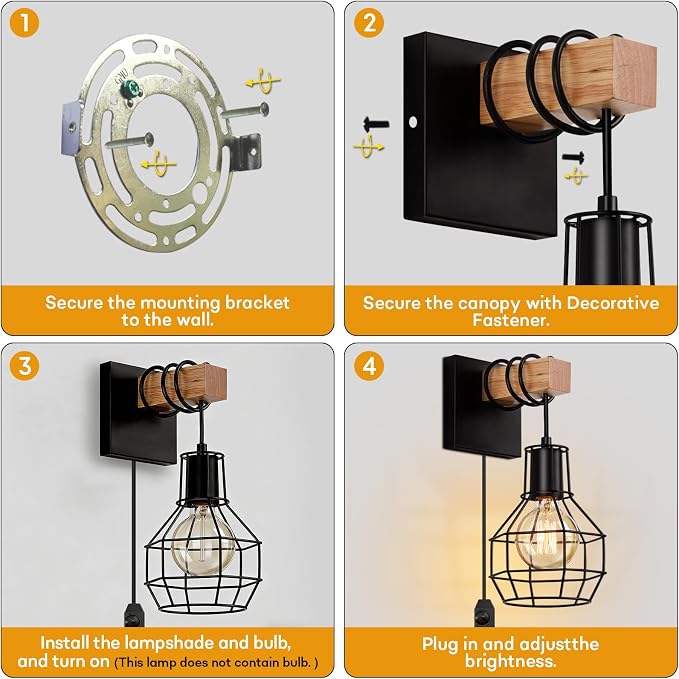 Lightess Plug in Wall Sconces Set of 2 Industrial with Dimmer Cord Control | Wall Mount Light Fixture with ON/Off Dimmable Switch Cord Rustic Accent Lights For Bedroom Living Room Bulb Not Included