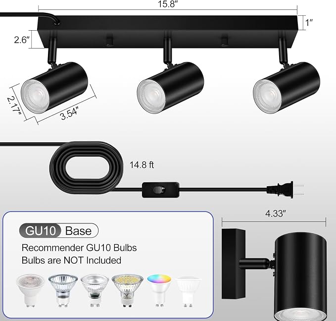 LED Track Lighting Ceiling Fixtures, Black 3-Light Plug in Track Lights for Kitchen, 3 Way Ceiling Spotlight, 15 FT Cord,Flexibly Rotatable Wall Mount Light Head for Bedroom Hallway
