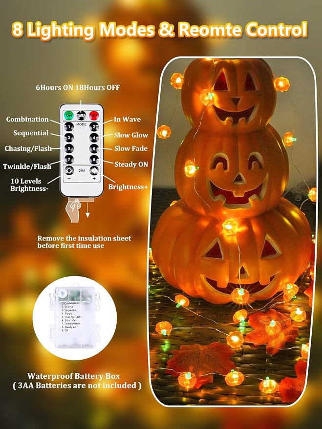Fall Decorations 3D Pumpkin Fairy Lights Battery Operated 10FT 30LED Orange | Timer, 8 Modes, Remote Control, Waterproof String Light for Indoor Outdoor Garland Harvest Thanksgiving Halloween decorations