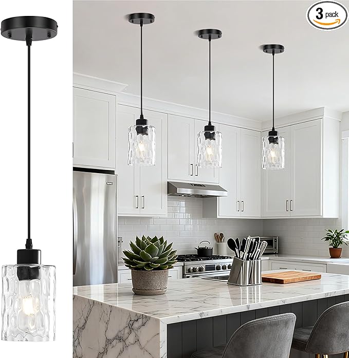 3 Pack Black Modern Pendant Light Fixtures, Adjustable Hanging Lighting with Hammered Glass Lampshade, Black Kitchen Island Pendant Lights for Dining Room Kitchen Living Room Bedroom Foyer