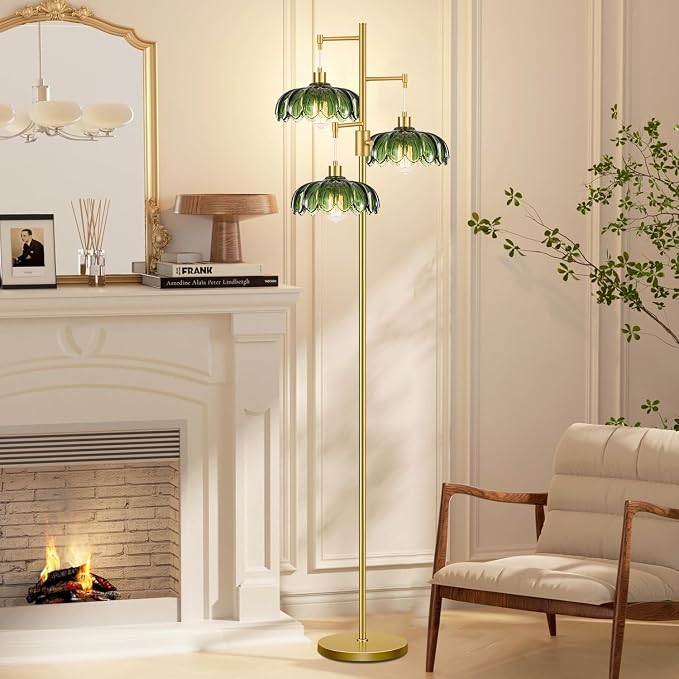 Dimmable Floor Lamps for Living Room Bedroom-3 Light Gold Floor Lamp with Glass Lampshape, Flower Tall Lamp Mid Century Modern Standing Lamp Glass Tree Floor Lamps for Living Room Bedroom,Corner