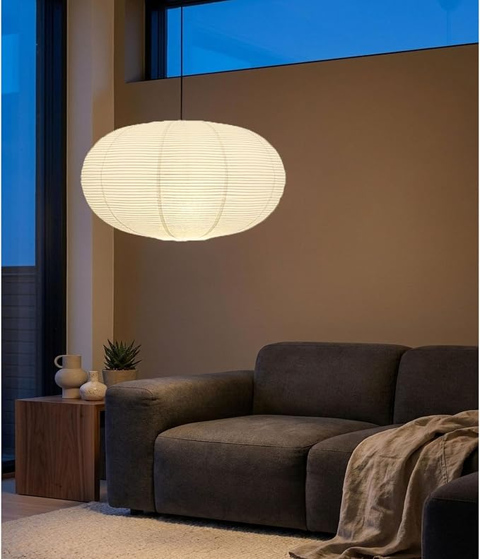 23.6'' Oval Boho Paper Lanterns for Great Room,Clip On Ceiling Light Cover | Light and Foldable, airy aesthetic,Natural Pendant Light Shade for Dining Area Living Room Hallway Bedroom Home Decor