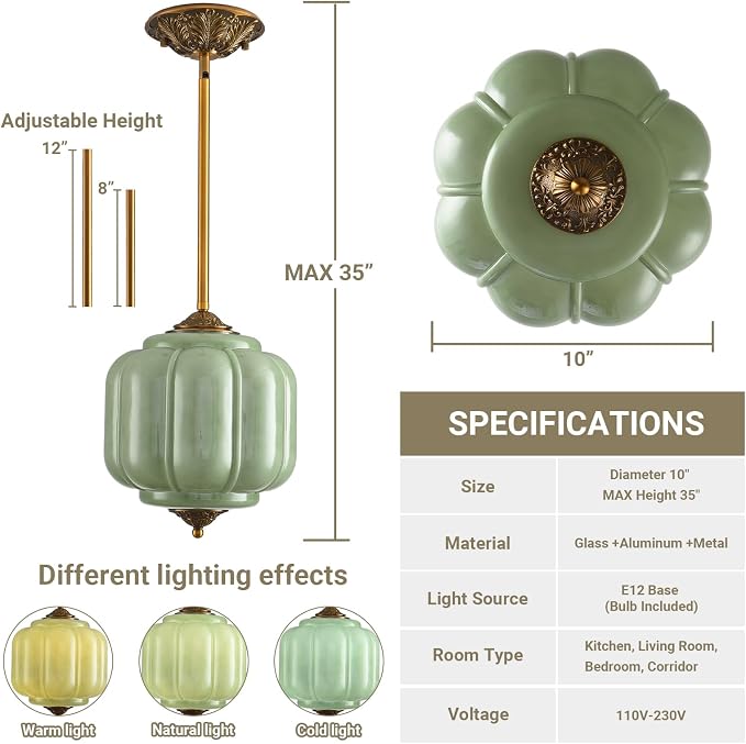 LOUSACE Vintage Milk Glass Pendant Light Fixture, 10 Inch Green Semi Flush Mount Ceiling Light for Dining Room, Bedroom, Hallway, Entryway (Bulb Included)