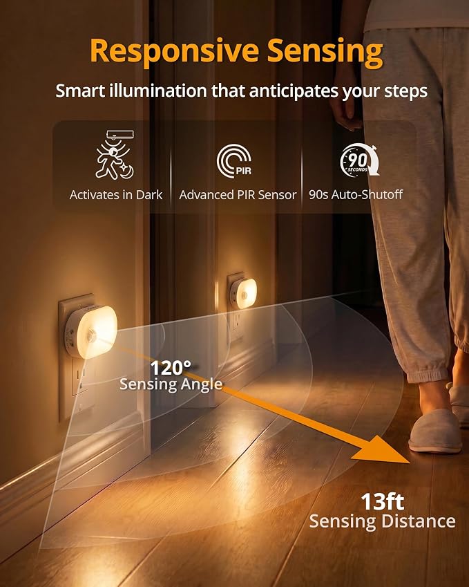 Plug in Night Light with Motion Sensor, 120LM Superior Bright Smart Mini LED Nightlight, Warm White with Stepless Adjustable Brightness for Bathroom, Bedroom, Kitchen, Stairs, Hallway, 2 Pack
