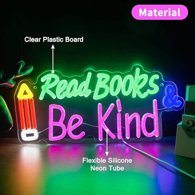Read Books and Be Kind Neon Sign, Adjustable Pencil Neon Light Student LED Neon Light, Colorful Neon Light Up Sign for Classroom Bookstore Library Study Room 15.35 x 7.09 inch