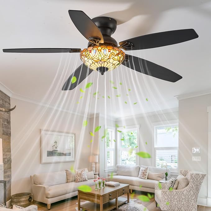Ceiling Fans with Lights-52 Ceiling Fan Chandelier and Glass Shade | 52" Ceiling Fan Chandelier with 5 Dual-Blades and Glass Shade, 6 Speeds and Reversible, Indoor and Outdoor, Retro Style