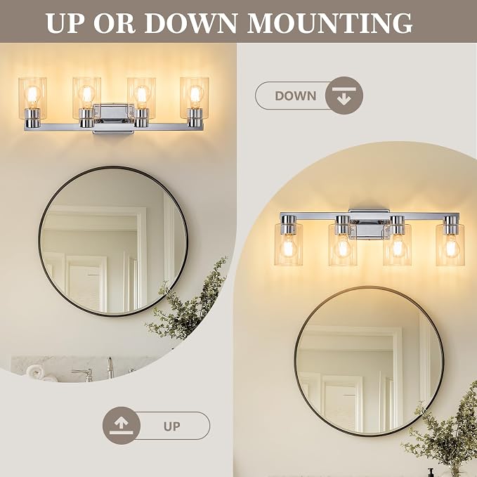 4-Light Bathroom Light Fixtures with Clear Glass, Chrome | Vanity Lights, Modern Wall Sconces, Over Mirror for Bathroom, Powder Room, Living Room