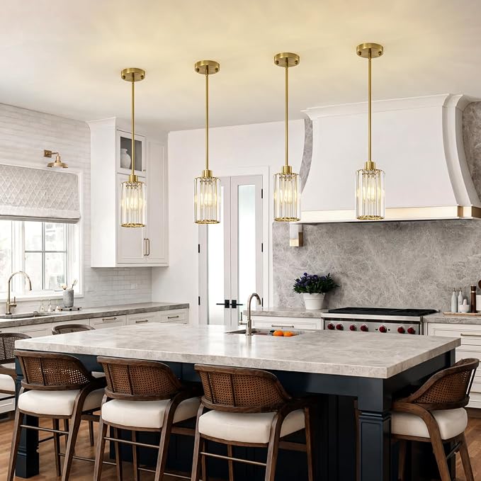 5.1" Mini Modern Gold Crystal Kitchen Island Pendant Lights 2 Pack | Small Crystal Glass Shade, Sparkling Crystal Reflection, Customizable Hanging Height,Fits Most Ceilings, Modern Brushed Brass