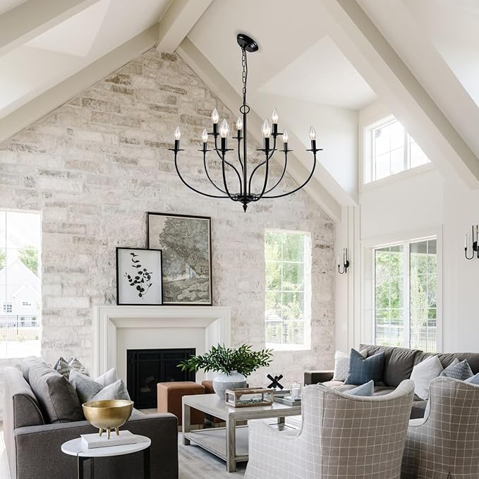 Black Chandelier, 9 Light Industrial Iron Farmhouse Chandeliers, 2-Tier Candle French Country Chandelier for Living Room Dining Room Bedroom Foyer