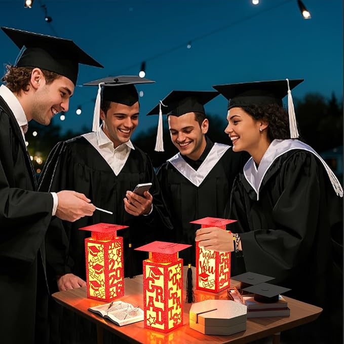 6 Pcs Graduation Table Centerpieces Boxes Class of 2026, Red Graduation Paper Lanterns Boxes with String Lights Hollow Out for Congrats Grad School College Table Decorations Grad Party Photo Props