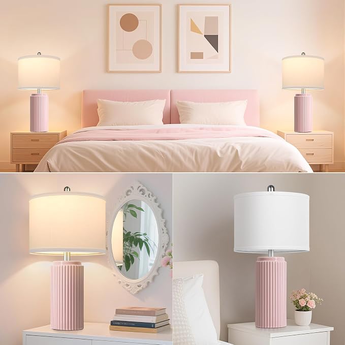 23.5" Pink Ceramic Table Lamps Set of 2, Modern Nightstand Lamps | Bedside Table Lamps with White Linen Shade, Ideal Size, Farmhouse Home Decor for Living Room Bedroom Office End Table Dorm