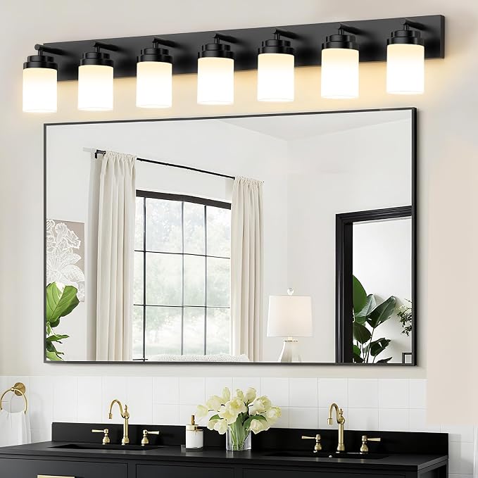 IZORRO Bathroom Vanity Light Fixture, 7-Light 52 inch Matte Black Bathroom Light Fixtures Over Mirror, with White Glass Shade, Modern Farmhouse Vanity Lights, Rustic Restroom Lighting Fixtures