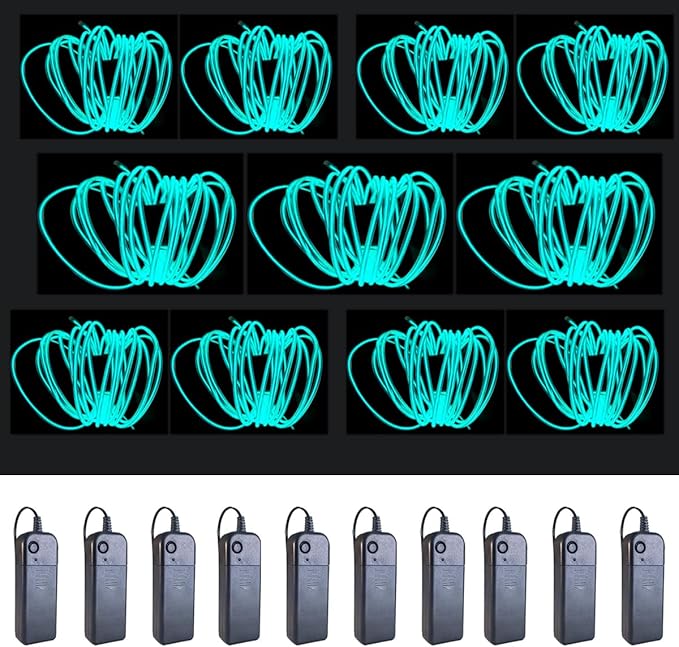 MaxLax EL Wire Ice Blue 10-Pack, 16.4ft/5m Neon Light Wire with Noise Reduction and Battery Pack…