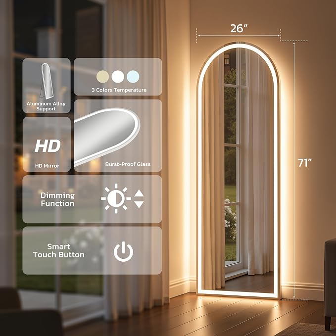 71" x 26" Arched Full Length Mirror with LED Lights, Floor Mirror with Stand, Wall Mirrors Full Length, Body Floor Mirrors, Wall Mounted for Bedroom, Dimmable, Tempered Glass