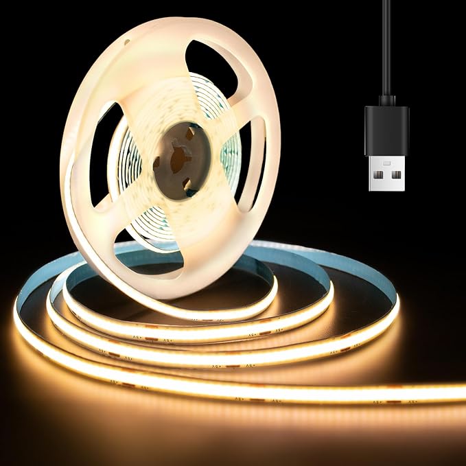 GUPUP 10 ft 5V COB Turnable Rope Light, Warm White USB LED Strip Light, 3000K 960 LEDs Density Lighting Strip, 3M Adhesive, CRI≥90, for Cabinet, Kitchen, Mirror, Home Decoration