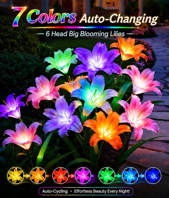 LETMY Solar Garden Lights, 6 Pack Solar Flower Lights with 6 Head Bigger Lily Lights, IP65 Waterproof Solar Lights Outdoor, Decorative Lights for Garden, Patio, Yard, Flower Bed