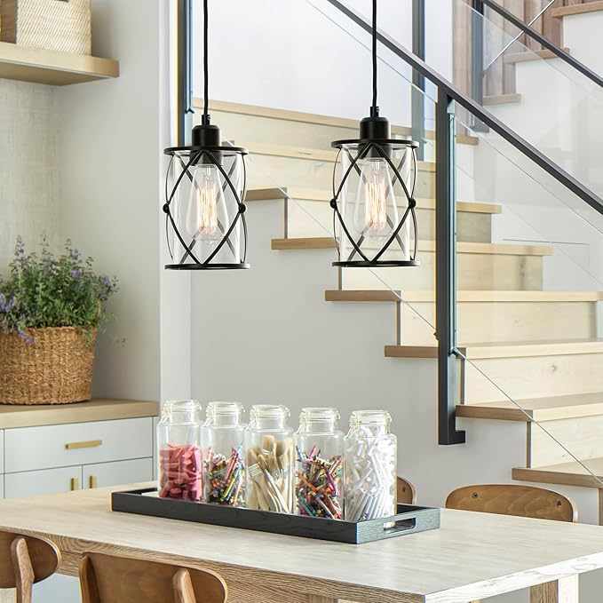 mirrea H-Type Black Track Lighting Pendant with Dotted Cage Clear Glass, Adjustable Hanging Light, E26 Socket, Pack of 3