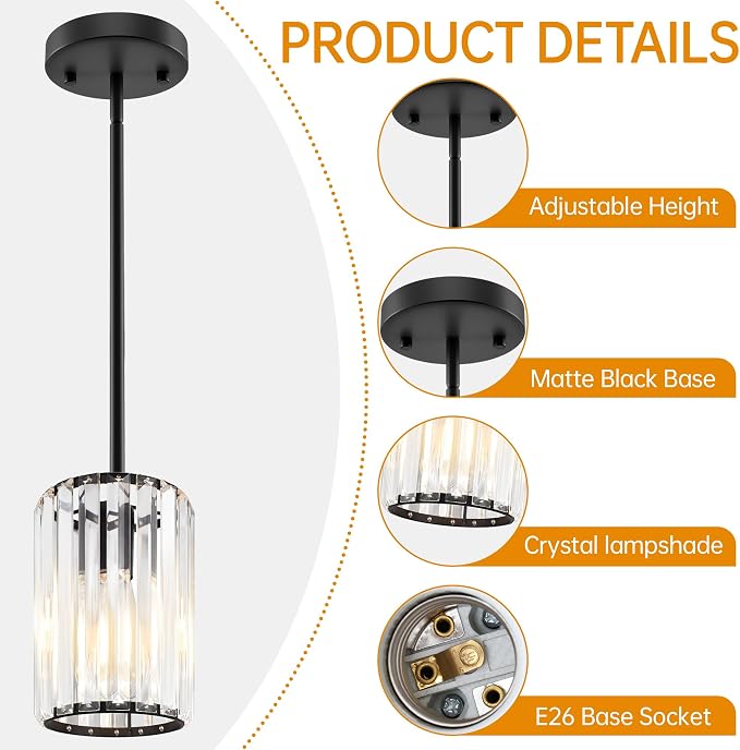Black Pendant Light, Modern Crystal Pendant Lights Kitchen Island, Kitchen Island Lighting with Adjustable Height, UL Certified Island Lights for Kitchen Dining Room Bedroom Hallway 3 Pack