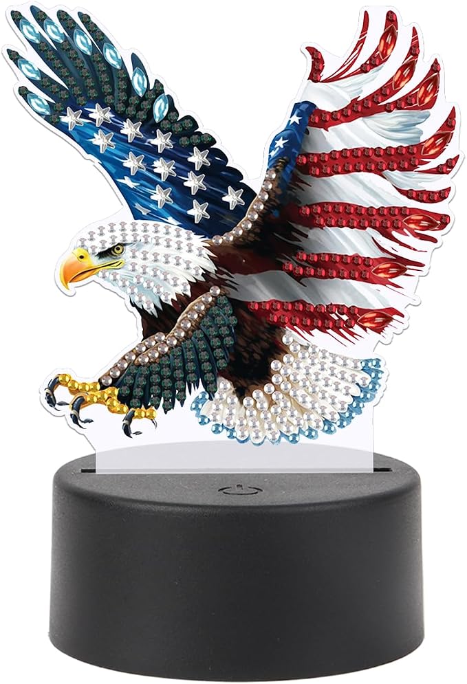 JISHSHAY Diamond Painting Night Light Diamond Art Table Lamps Gem Art LED Lights Gem Painting Desk Lamp Mosaic Kits for Adults DIY Kits for Adults with Special Shaped American Flag Eagle