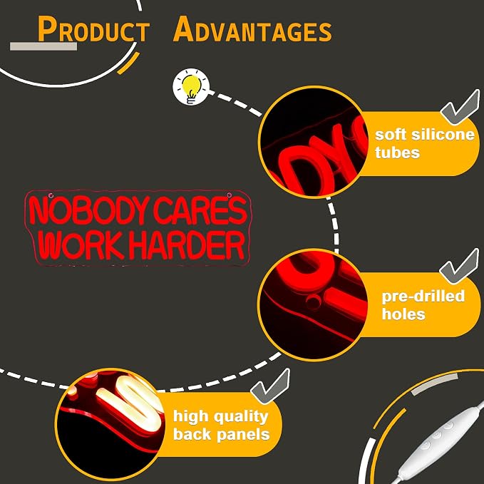Allball Nobody Cares Work Harder Neon Sign, Motivational Neon Light USB Powered Lnspirational LED Neon Light Wall Art, for Office Study Room Or Gym Teen Bedroom Modern Decor(15.7 * 5.1 In)
