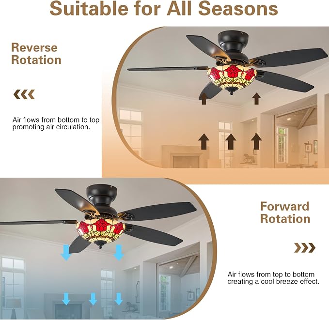 Tiffany Ceiling Fans with Lights-48"Ceiling Fan Chandelier and Glass Shade | 48" Ceiling Fan Chandelier with 5 Dual-Blades and Glass Shade, 6 Speeds and Reversible, Indoor and Outdoor, Retro Style