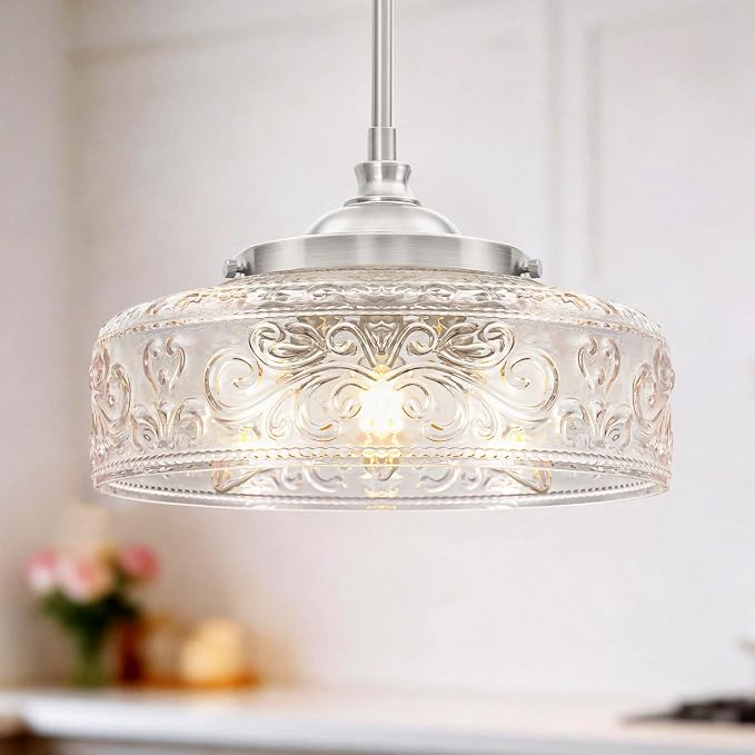 Brushed Nickel Pendant Light with Clear Glass Lampshade, 3-Light Adjustable Pendant Lights Kitchen Island, Vintage Kitchen Pendant Light Ceiling Hanging Lights for Dining Room Hallway Bathroom, E12*3