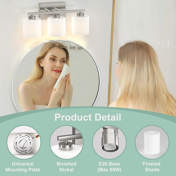 Honesorn Bathroom Light Fixtures Brushed Nickel, 3-Light Vanity Lights | Bathroom Vanity Light with Frosted Shades, Modern Bathroom Lights Over Mirror, Anti-Rust, E26 Socket (Bulbs Not Included)