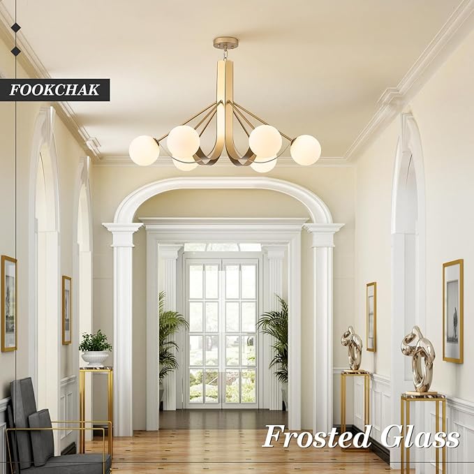 Gold Sputnik Light Fixture Modern Kitchen Chandelier Brassy Gold Bedroom Light Fixtures with Chain 33in Dining Table Light Fixture Mid-Century 6 Light Frosted Glass Chandelier for Living Room Entry