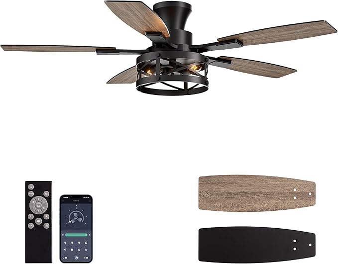 52-Inch Farmhouse Flush Mount Ceiling Fan Vintage wood-grain blades quiet powerful motor warm ambient light ideal for indoor spaces, bedrooms, living rooms farmhouse patios.