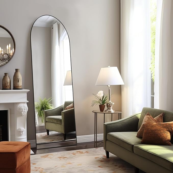 Arched Full Length Floor Mirror, 21"x64" Body Wall Mirror with Stand | Shatter-Proof Nano Glass, Tall Standing, Hanging or Leaning, Aluminum Alloy Frame for Bedroom, Modern Home Decor, Black