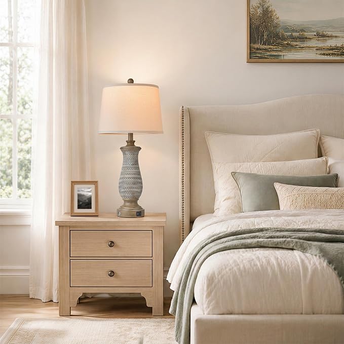 Living Room Lamps Set of 2, Table Lamps for Bedroom, Farmhouse Lamps for Nightstand with Oatmeal Linen Lampshade (Wood Grain-2)