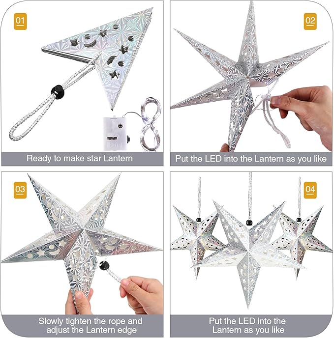 Zhanmai 10 Pcs Large 3D Silver Paper Star Lantern with 10 LED Lights 11.8 Inch 5 Point Hollow Hanging Paper Star Lampshade Decoration Light Lanterns for Wedding Birthday New Year Party Home Decor