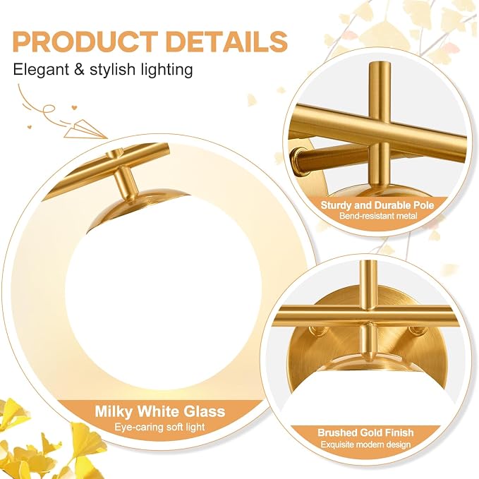3-Light Bathroom Light Fixtures, Brushed Gold Vanity Lights for Bathroom with Milky White Glass Globe Shade, 19.3 inch Bathroom Lighting Fixtures Over Mirror, Wall Sconce for Bedroom(Bulb Not Included