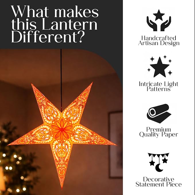 Paper Starlight 24 Inch - Handcrafted Hanging Star Lantern with 100% Recycled Paper - Large Star Lamp with 12-Foot UL Approved Light Cord Included - Fair Trade Artisan Decor - Lion | Handcrafted Hanging Star Lantern, 100% Recycled Material with12-Foot ...