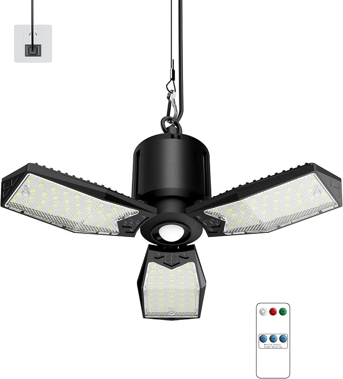 Motion Sensor Garage Light Plug-in, 80W, 8000LM, E26 Base, 1 Pack | Remote & Wall Switch Control, 3 Lighting Modes, Deformable LED Panels, 6500K Daylight, 360° Detection for Basement Workshop