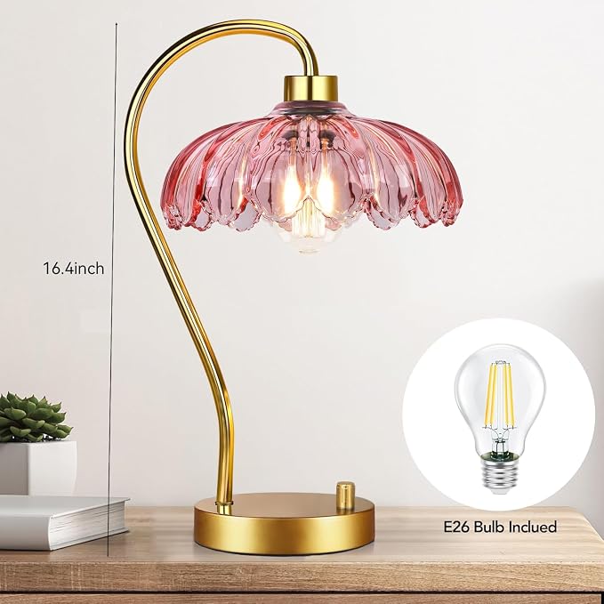 ILLMTW Pink Table Lamp Set of 2,Small Gold Bedside Lamps Dimmable Flower Bedroom Lamp with Glass Lamp Shade,Boho Vintage Mid Century Modern Mini Nightstand Lamp for Bedroom Living Room