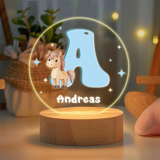 Personalized Cute Cartoon Animals Night Light, Custom Name and Initial Led Light with Wooden Base Nursery Decor Gift for Kids