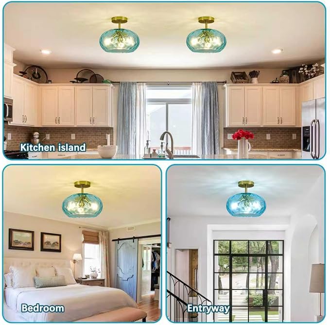 Vintage Semi Flush Mount Ceiling Light ,12″ Art Deco Blue Hammered Glass | Gold,Mid Century,Whimsical,MCM,Unique Cute Retro Light Fixtures for Girls Bedroom,Entryway Laundry Room Kitchen Closet Foyer