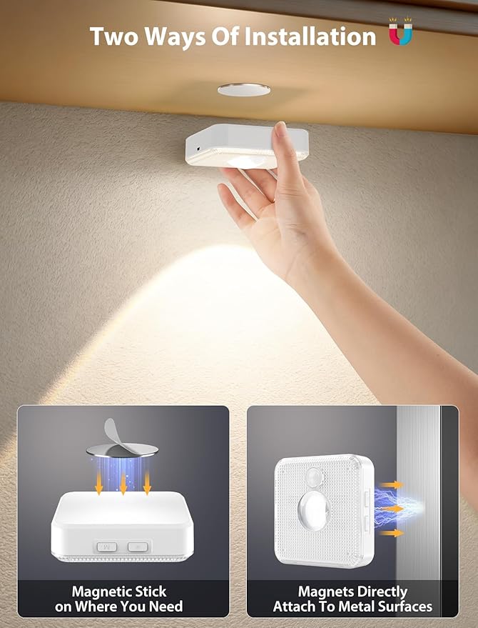 GBEAST 3 Pack Under Cabinet Lighting, Rechargeable Motion Sensor Puck Lights with Remote Control, 3 Color Temps & 9 RGB Colors, Magnetic Stick on Dimmable LED Closet Light for Kitchen Shelf Bedroom
