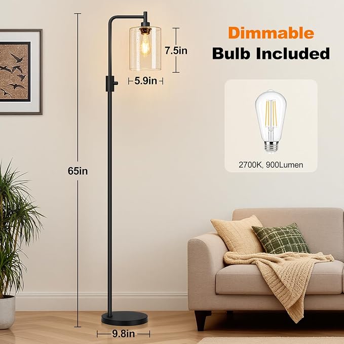 【Upgraded】 Dimmable Floor Lamp for Living Room with Seeded Glass Lampshade, Black Modern Glass Floor Lamp with 900LM LED Bulb Included, Arc Standing Tall Lamp for Bedroom, Office, Reading Room, Corner