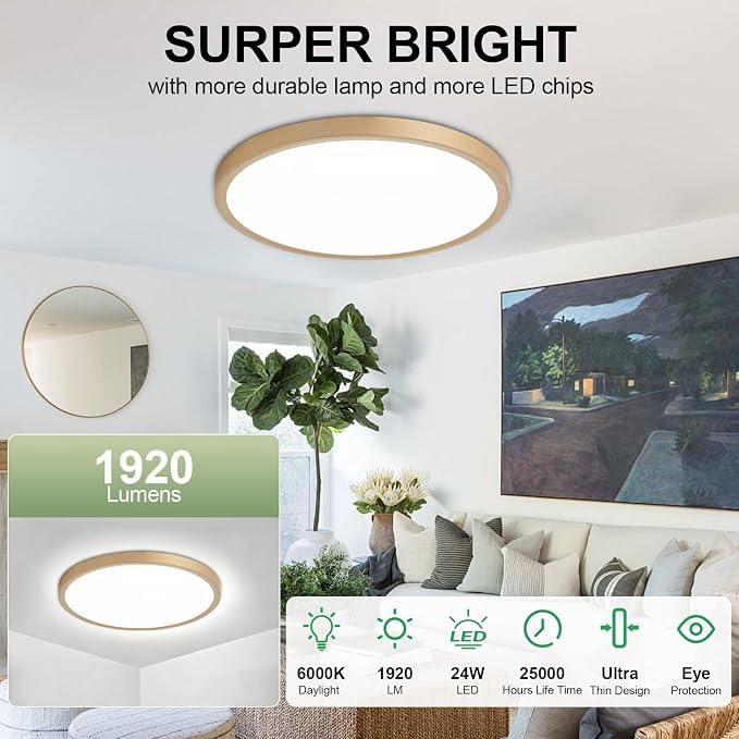 LED Flush Mount Ceiling Light: 12 inch 1Pack Super Slim Dimmable & 5CCT (2700-6500K) Kitchen Lighting Fixtures Ceiling - 24W Gold Low Profile Ceiling Lamp for Bedroom Garage Hallway