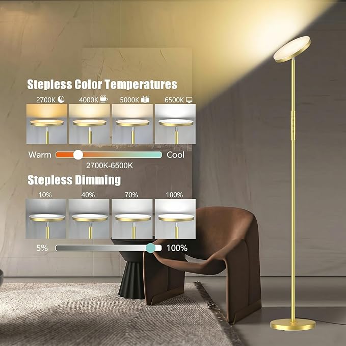 Floor Lamp, Upgraded 40W 4000LM Super Bright Torchiere LED Floor Lamps for Living Room, Stepless Dimmable Color Temperature 2700K-6500K with Remote & Touch Control, Standing Light (40W Brushed Gold)