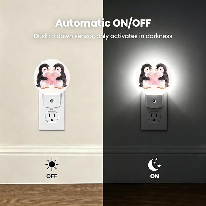 Night Lights Plug into Wall Cute Penguin Pink Heart Night Light Auto Sensor | Animal Romance Plug in Night Lights for Wall Socket with Dusk-to-Dawn Sensor for Bedroom, Bathroom and Living Room